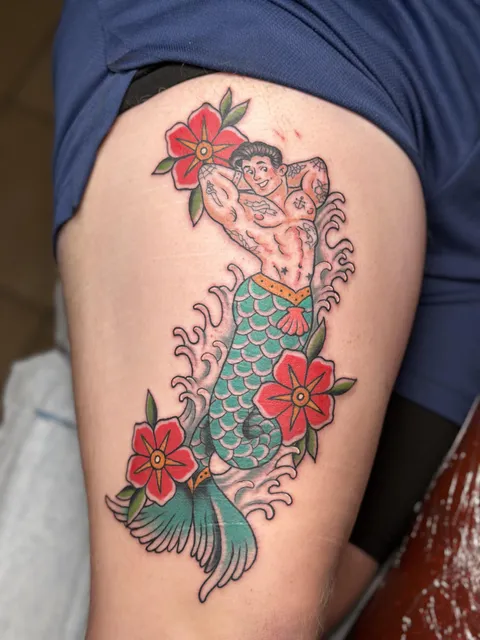 Merman pinup done by Maus at The Vintage Tattoo Shoppe in Orlando,FL