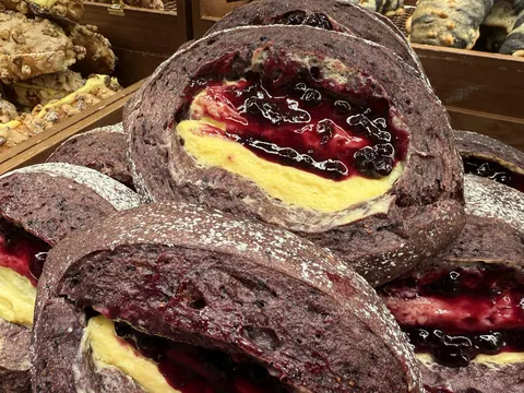 Blueberry jam and cheese bread found in a bakery in China