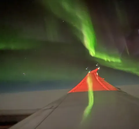 I flew Portland, OR to Amsterdam last night, and we were treated to the brightest aurora I’ve ever seen just south of the Arctic circle!