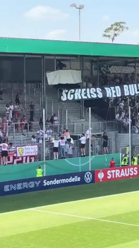 Leipzig customers try to remove the "Shit Red Bull" banner that was hung up by Sandhausen Ultras