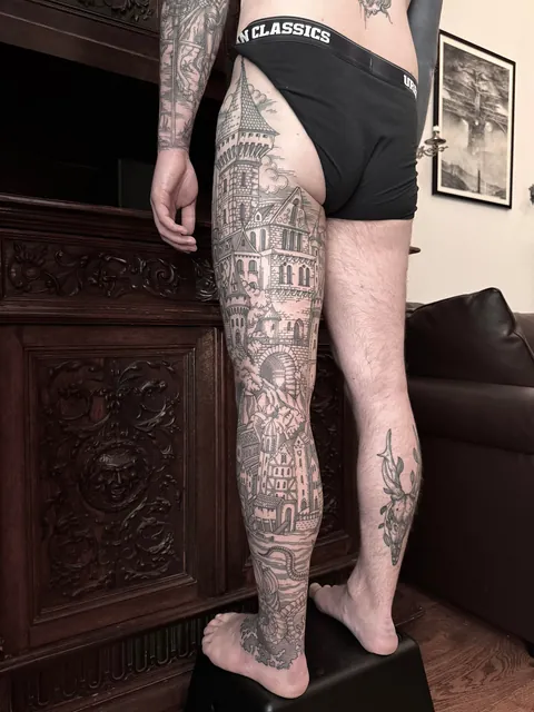 Full leg tattoo made by me (Ivan Zagusta) at Zaraza tattoo shop in Warsaw, Poland.