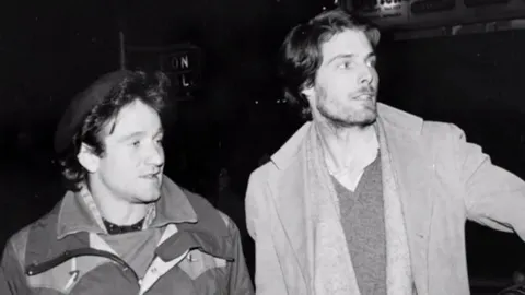 Robin Williams and his old roommate from The Julliard School, Christopher Reeve. Photographed circa 1977.