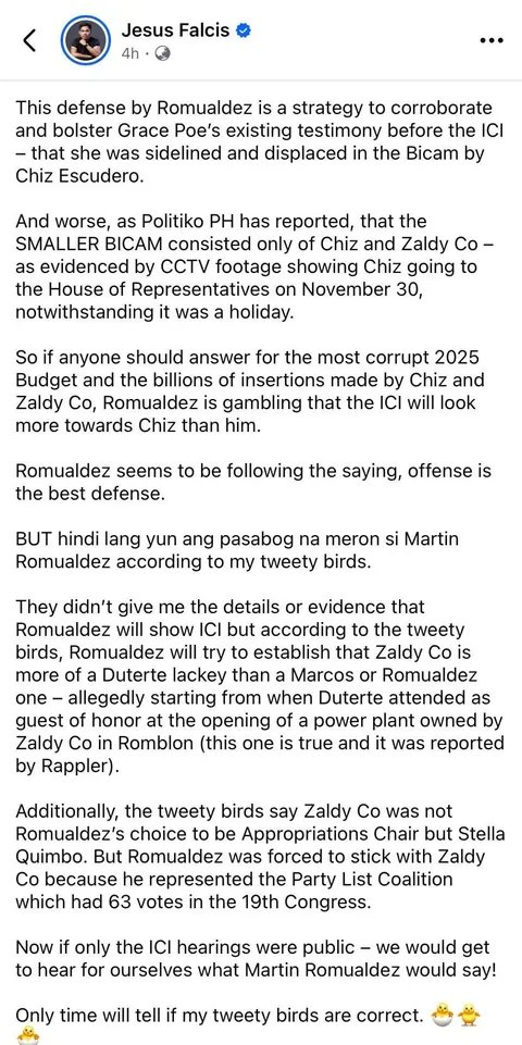 Chiz Escudero is gonna be so cooked according to Atty. Jesus Falcis’ tweety birds in the House and Senate