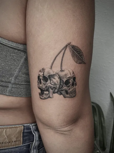 Cherry skull tattoo by Jane (me) at Baron art tattoo studio in LB, CA 