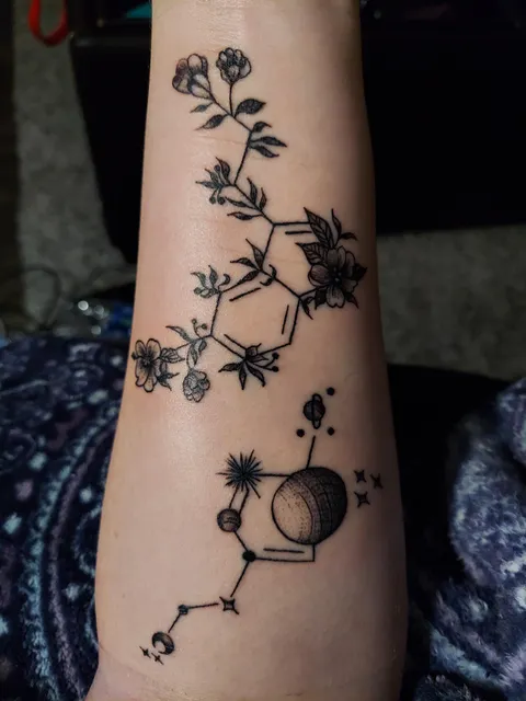 Dopamine (highs) and serotonin (lows) done by Kristina at Sacred Skin Tattoo, Valley Springs, CA