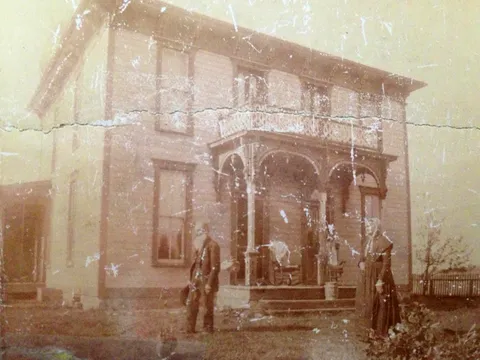 My 4th great grandparents in front of their house. She passed away in 1869. My kids are the 8th generation to live in the same house. I wish the picture was in better shape.