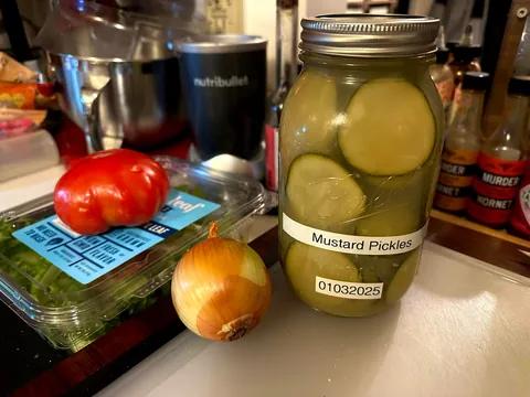 Bacon double smash burger with [homemade] mustard pickles