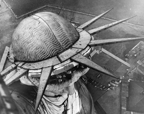A rare view of the Statue of Liberty from the balcony on its torch. The exit there has been closed since 1916.