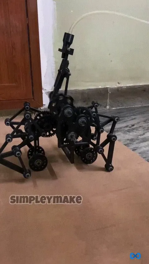 A 3d printed Theo Jansen’s Strandbeest motion powered by air engine, hand operated balloon pump supplies continuous air