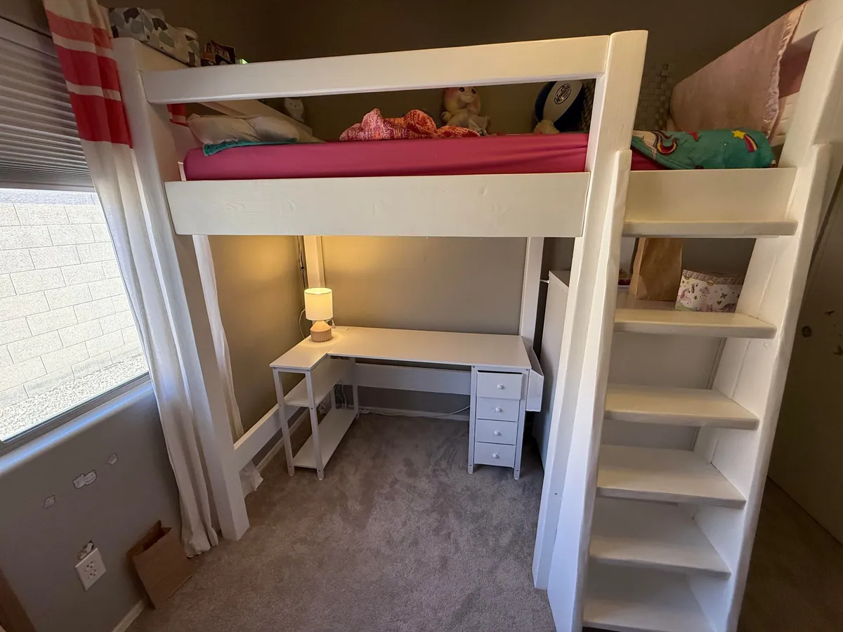 Built my daughter a new bed with a built in dresser and desk
