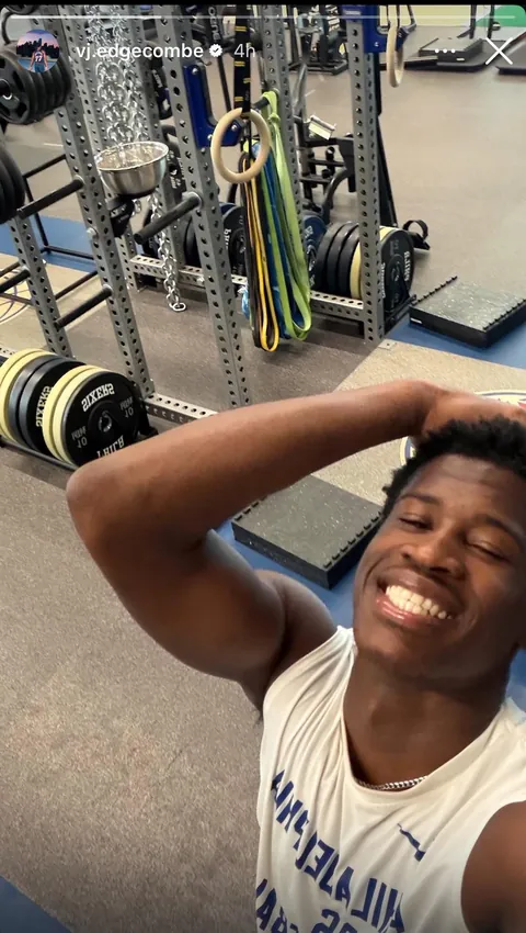 VJ Edgecombe on Instagram- Recreates LeBron’s famous “Smiling through it all! Cant believe this is my life” post