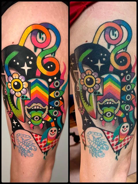 Fresh and healed collab tattoo by me (Mike Boyd) and Winston the Whale at Good Luck NYC in New York