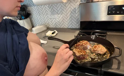 Cook Hubby and his friend a steak… then suck their cocks