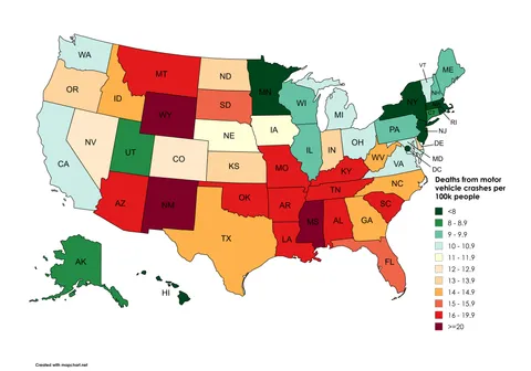 [OC] Deaths from motor vehicle crashes per 100k people by U.S. state in 2023