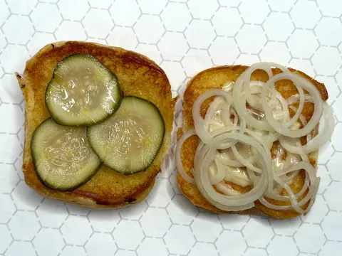 Bacon double smash burger with [homemade] mustard pickles