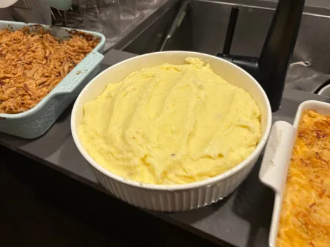 Nervous to share, but cooked [homemade] Friendsgiving spread for my pals - turkey, gravy, taters, sprouts, gb casserole, Mac, rolls, carrots