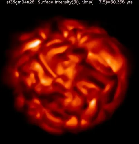 Based on data collected over 7 years, astronomers Bernd Freytag and Pierre Kervella created this simulation of convection cells boiling on the surface of Betelgeuse - the largest of which can measure over 1 billion km, or a distance extending beyond Jupiter's orbit in our solar system