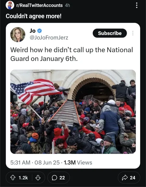 Trump was very reluctant to call the National Guard on Jan 6th, had to be pleaded with and acted many hours later, meanwhile not only did he call the Guard quickly in LA, hes also threatening to bring the marines