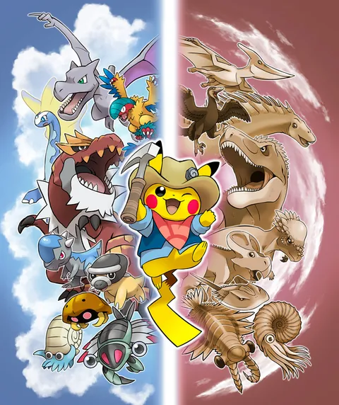 Official arrwork of fossil pokemon next to the animals they were based on