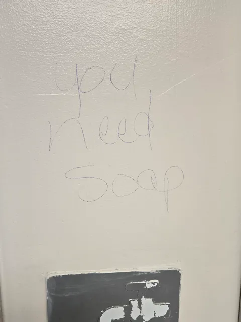 A customer decided to tell us that we were out of soap in the bathroom by writing it on the wall in pen and then not telling any employee about it.