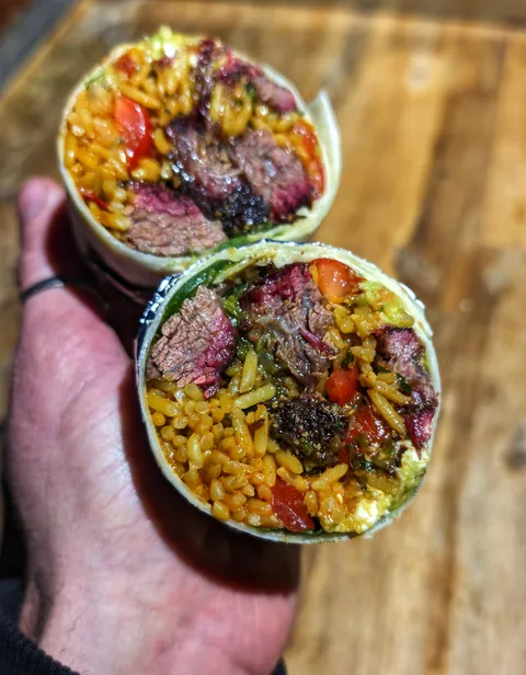 [homemade] Made another Burrito, with smoked beef ribs, salsa, rice and guacamole.