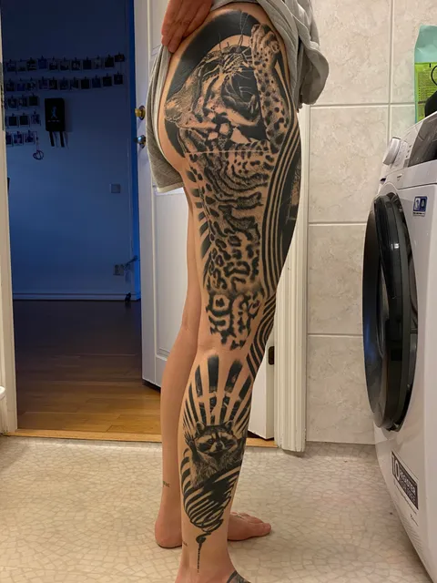 2 years healed Ocelot and 2.5 years healed Raccoon by Michael Stade at Big Time Tattoo in Västerås, Sweden