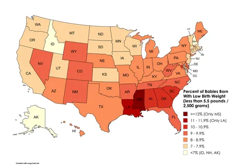 [OC] Percent of Babies Born With Low Birth Weight (less than 5.5 pounds / 2,500 grams)