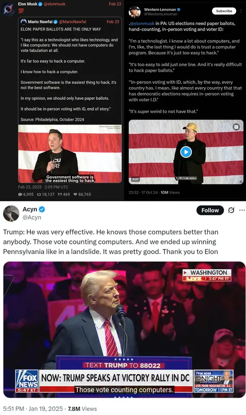 Elon said he can hack vote counting computers. After the election Trump thanked him for the favor.
