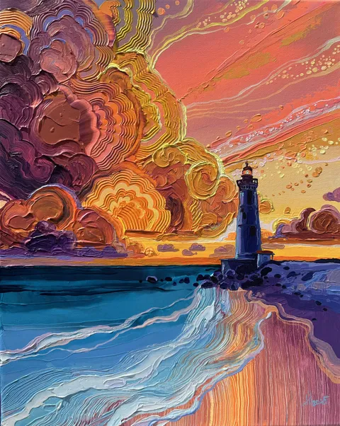 I painted a lighthouse at sunset, and the sky decided to join the party. (OC)