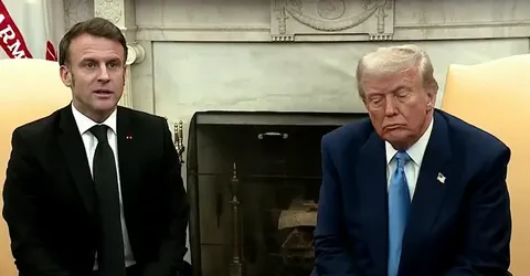 Trump pouts while Macron corrects Trump's previous declarations, in the Oval Office. Feb. 24, 2025