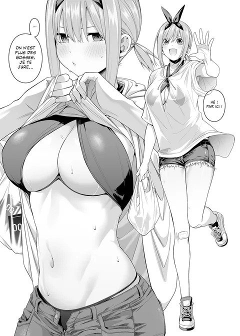 A different swimsuit for each sister: gold string bikini for Ichika, stylish one piece for Nino, revealing ass one piece for Miku, underboobs shot bikini for Yotsuba and stylish bikini with veil skirt for Itsuki (The Quintessential Quintuplets - A Fifth of Romance (Doujinshi)) (4why, Bad Mushrooms)