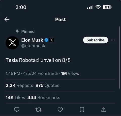 Elon says ROBOTAXI will be unveiled August 8th