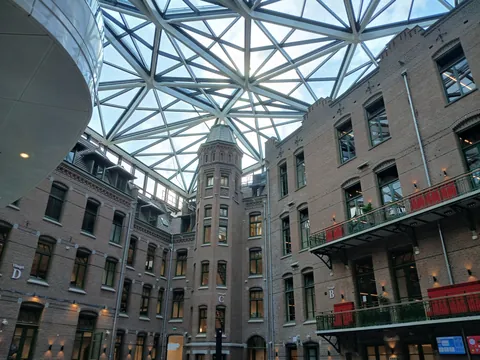 The new library of the University of Amsterdam. It incorporates the old buildings of a hospital.