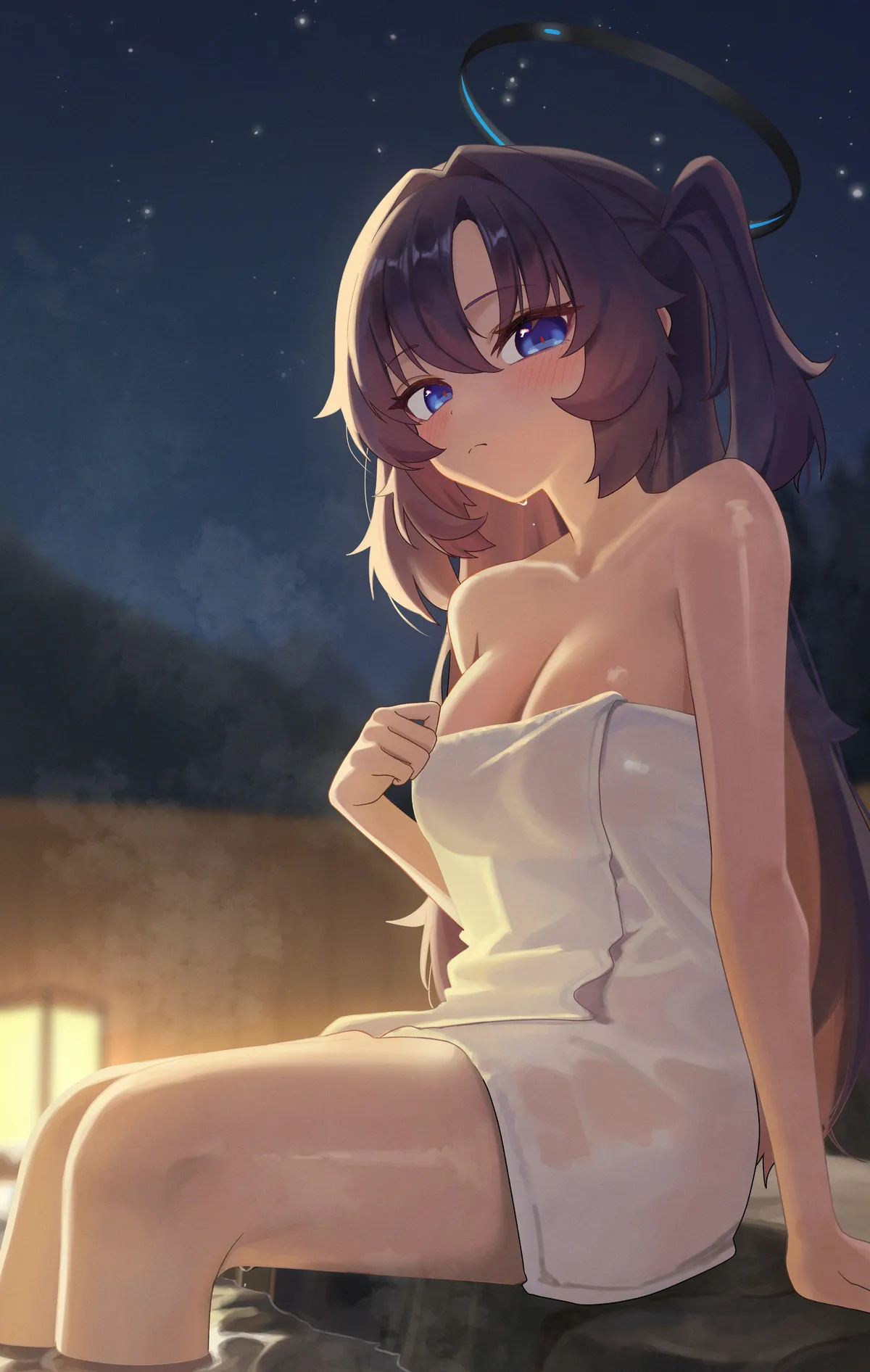 Yuuka in a hotspring at night