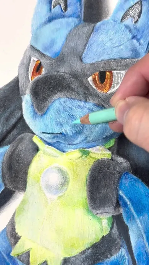 Hyper realistic drawing of Lucario plush toy