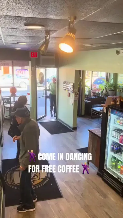 A restaurant offers free coffee to customers who entered dancing - This ladies do it - have fun - this made your day.