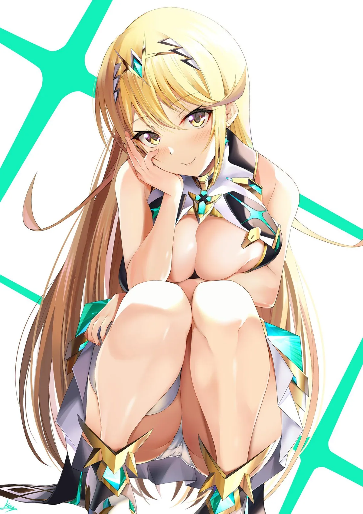 Mythra stooping down