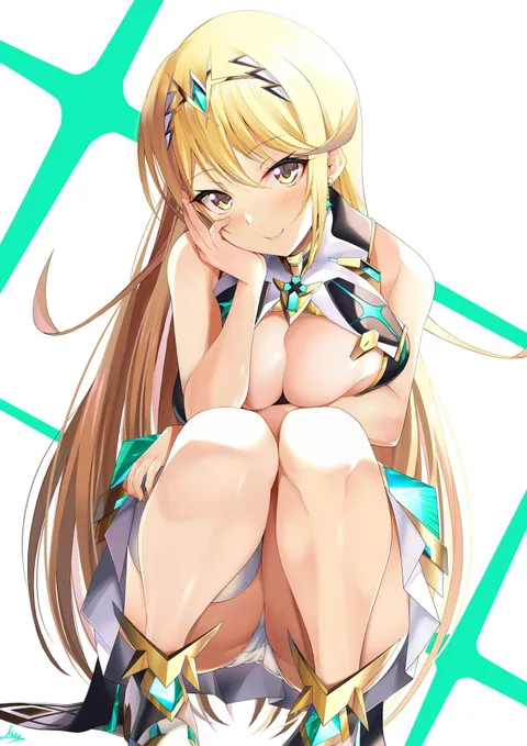 Mythra stooping down