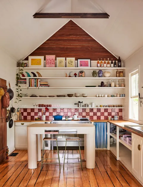 Kitchen with pink and maroon tiled backsplash in a renovated 1880 farmhouse, Northern Rivers, New South Wales, Australia [4000x5200]