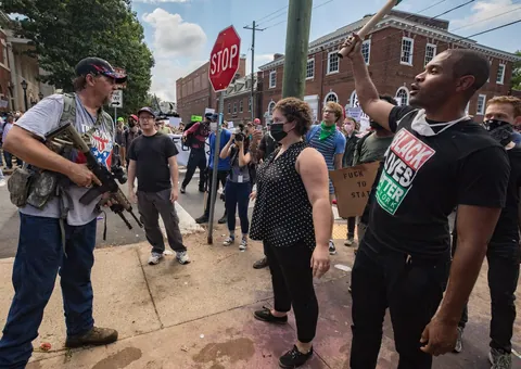 Somebody not bringing a gun to a protest in Charlotteseville. Aug. 12, 2017. Photo: Evelyn Hockstein