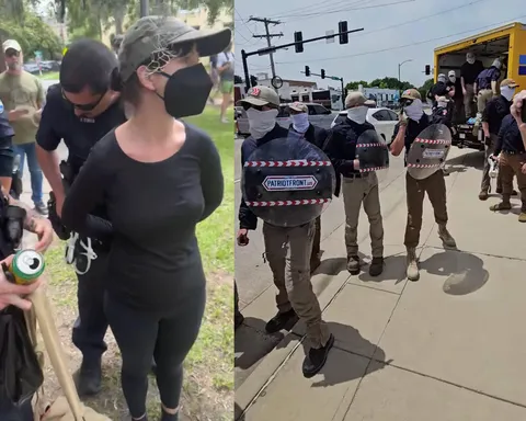 She was ARRESTED for WEARING A MASK at a protest against the fascists. Meanwhile, these wannabe Hitler youth get away with doing whatever the hell this is