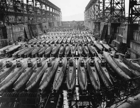 Japanese Type D ‘Koryu’ submarines in a drydock at Kure Naval Base, Japan. October (1945)