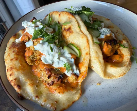 [Homemade] Chicken Tikka Tacos with Sourdough Naan and Raita!