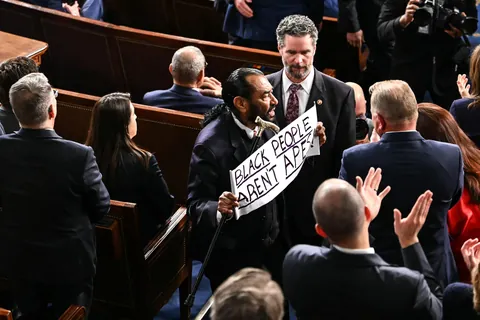 “Black people aren’t apes” sign held by Rep. Al Green as he is escorted out