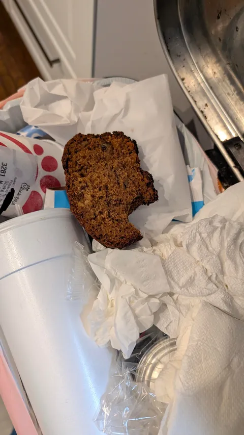 I baked banana bread for the first time. Woke up and an entire slice was in the trash with a bite out of it
