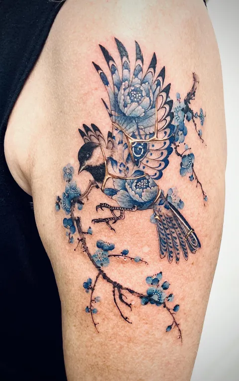 Flying Chickadee with brush stroke flowers by E.Nal at Vism Studio in LA, California.