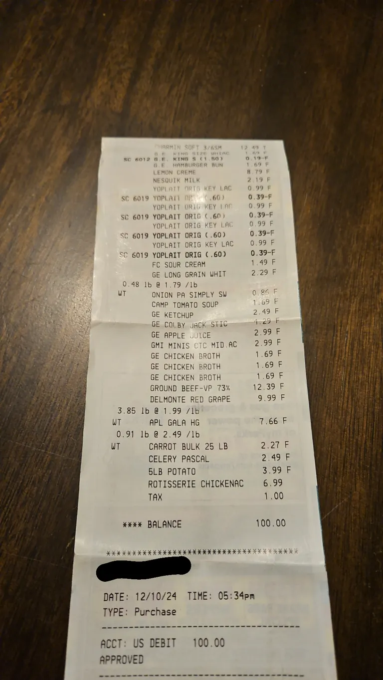 My grocery trip cost $99.00 plus $1.00 tax for $100.00 total