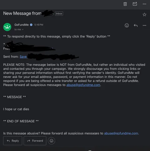 This email I got about my cat's GoFundMe