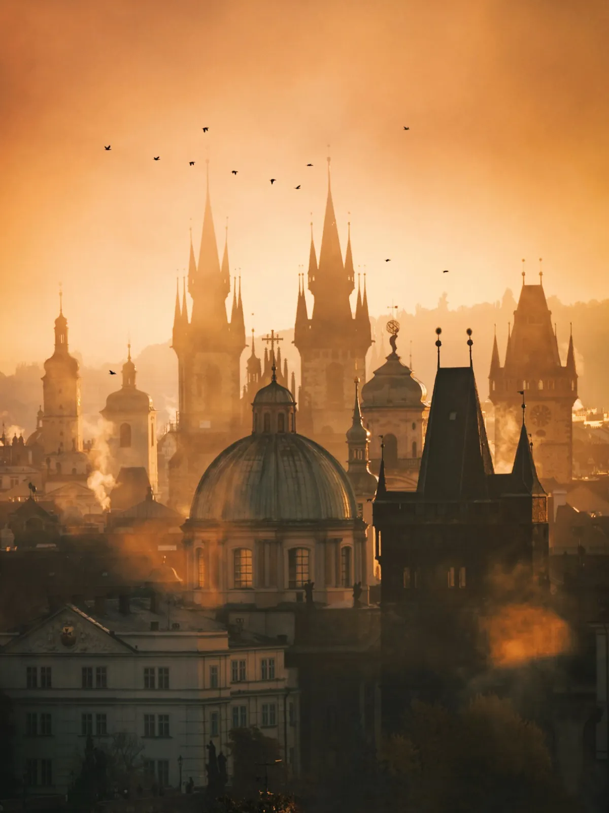 Spires of the 14th-century Church of Our Lady before Týn towering over the skyline of the Old Town of Prague in the morning, Czech Republic.