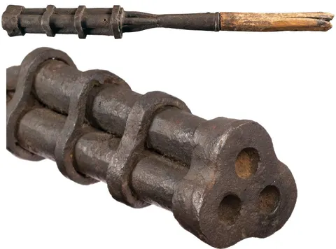 Old model of a multi shot hand gun from Asia. 3 barrels made of iron, circa 1600s source in comment